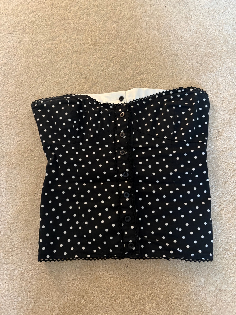 Strapless Black Polka Dot Button-Front Bustier Top